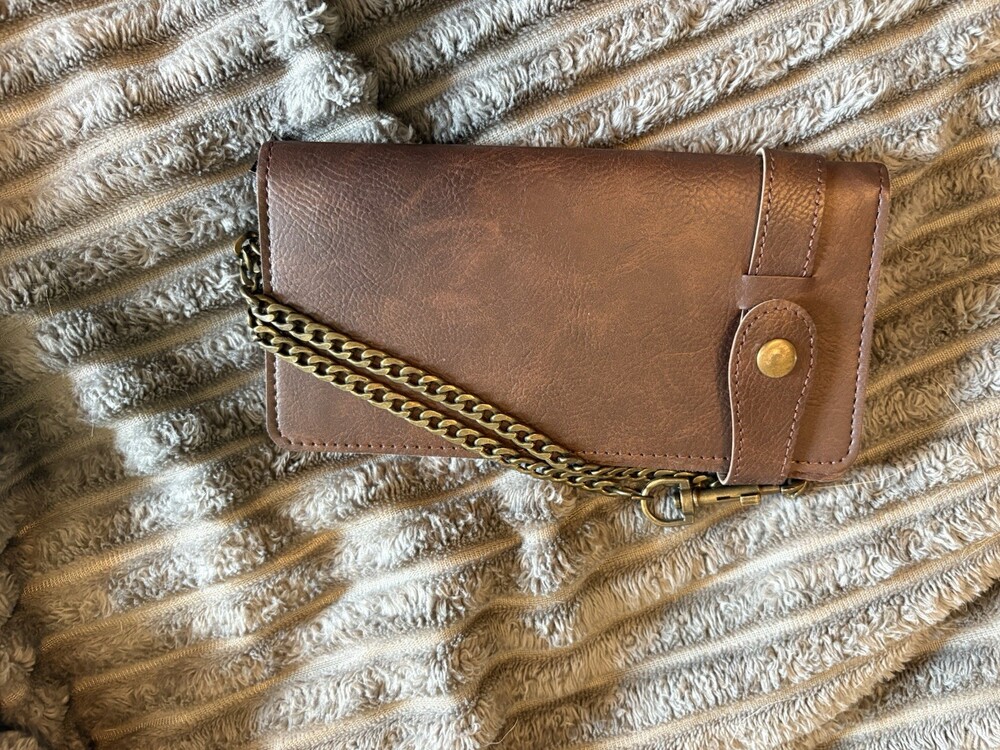 Brown Women's Leather Wristlet Wallet w/ Chain Strap & Button